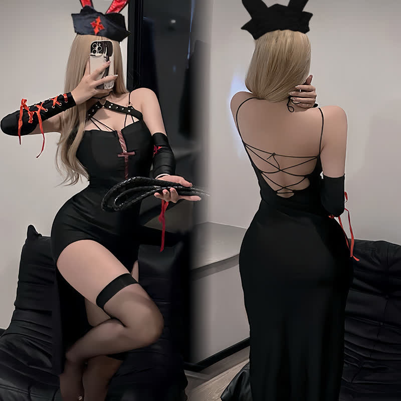 Cosplay Nurse Lace Up Bunny High Split Lingerie Dress
