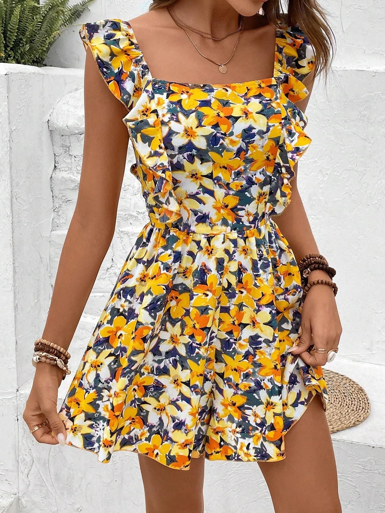 Sleeveless Square Collar Jumpsuit with Printed Design and Elastic Waist Back