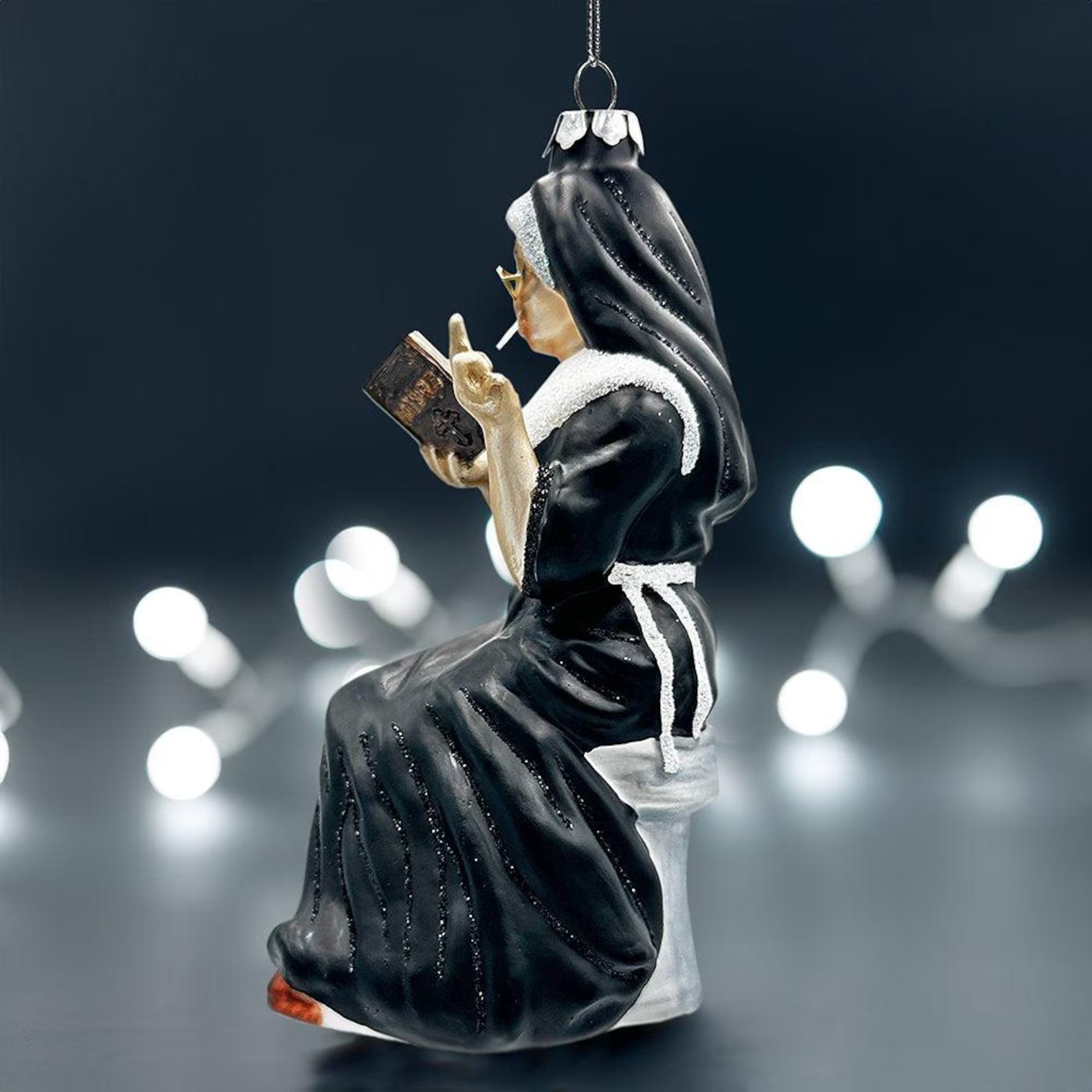 Eccentric Gothic Smoking Nun Glass Ornament