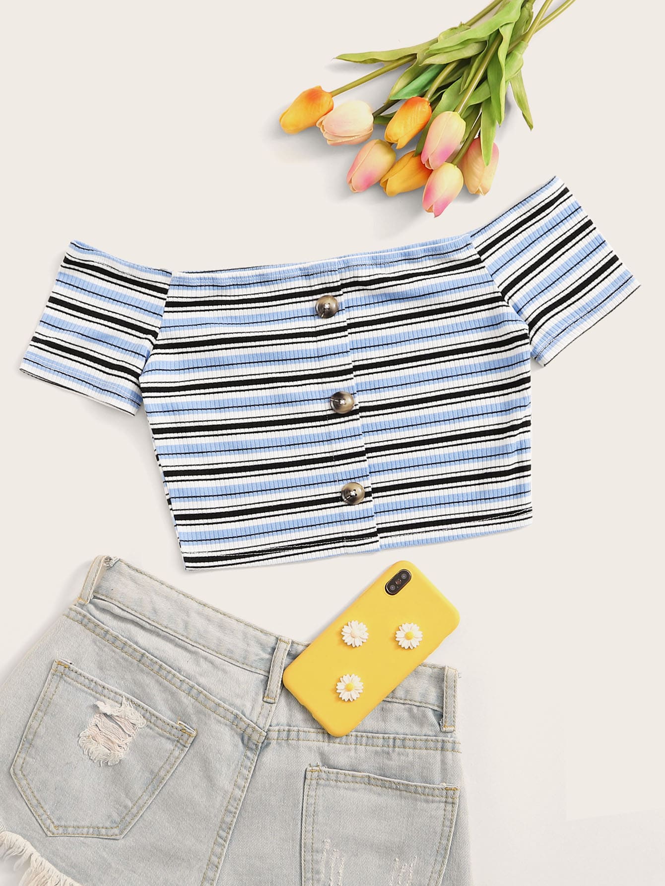 SHEIN Button Front Rib-knit Striped Bardot Crop Tee
