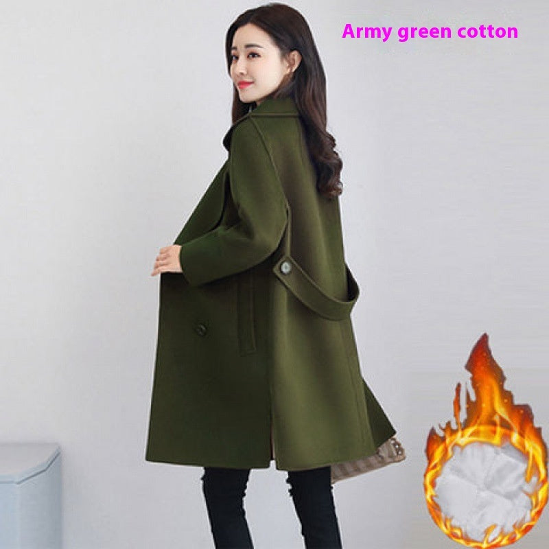 Cotton and Wool Blend Thickened Slimming Wool Overcoat for Women