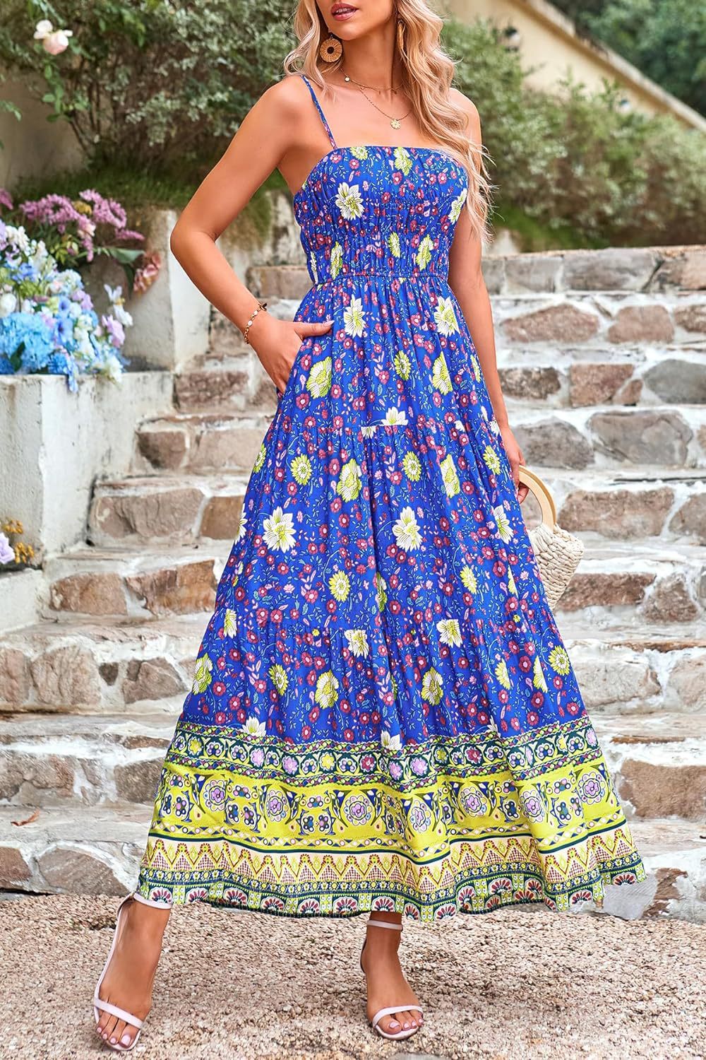Blue and green Retro Floral Bohemian dress with adjustable shoulder straps