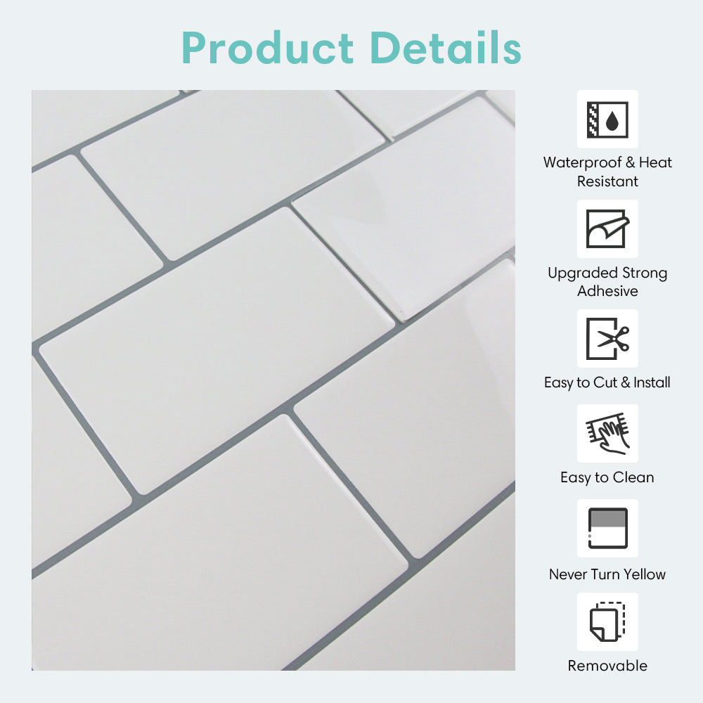 White Subway Peel and Stick Backsplash Tile with Grey Grout - Thicker Design