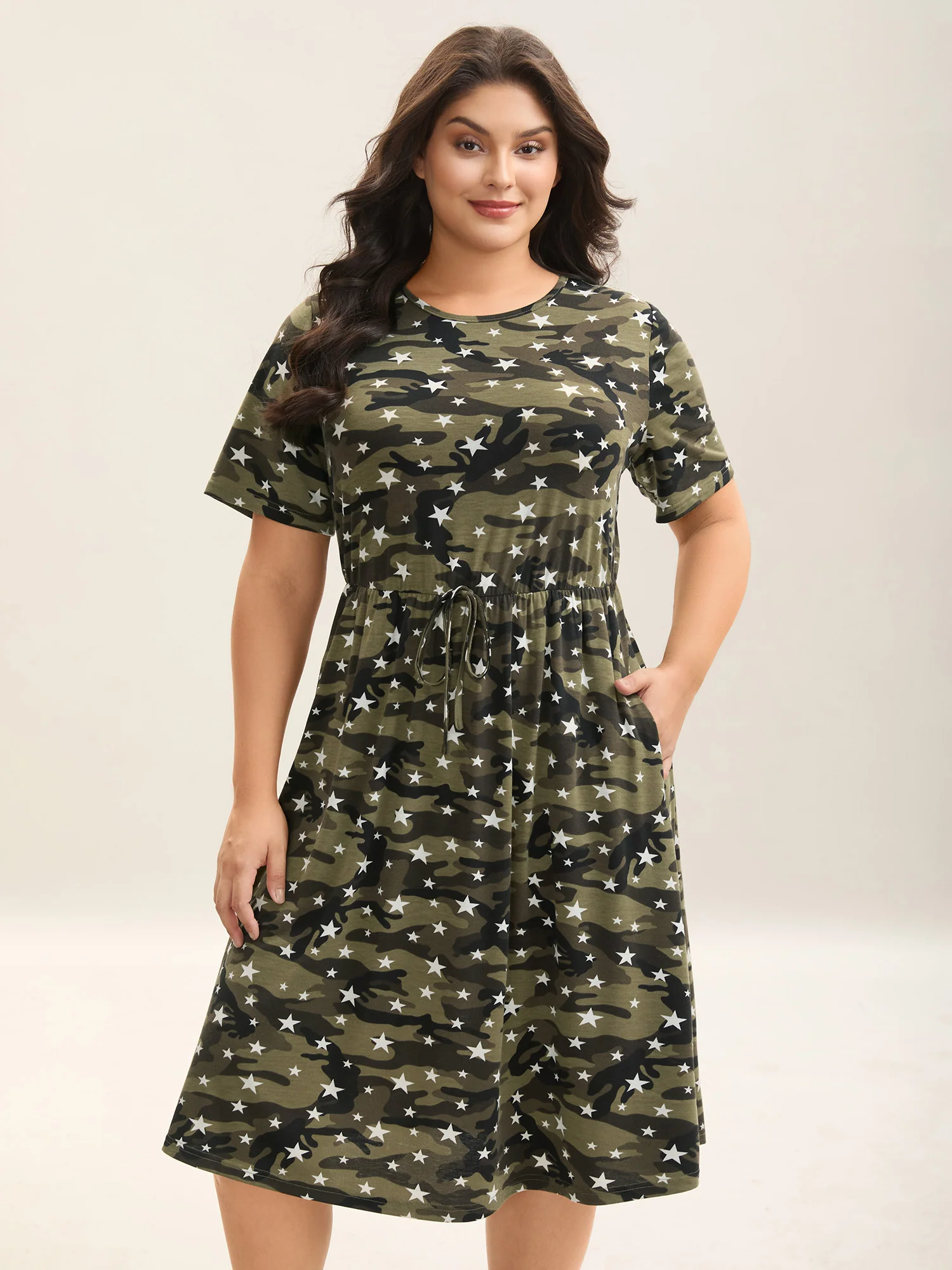 Camouflage Print Round Neck Pockets Midi Dress