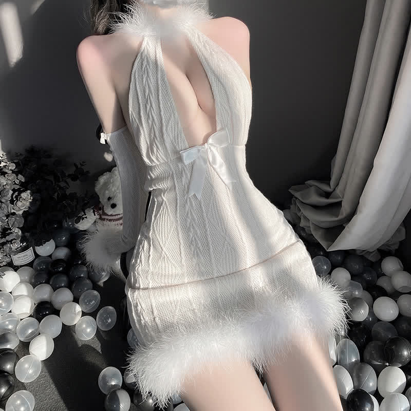 Halter Deep V-neck Velvet Stitching Lace Up Knit Lingerie Dress
