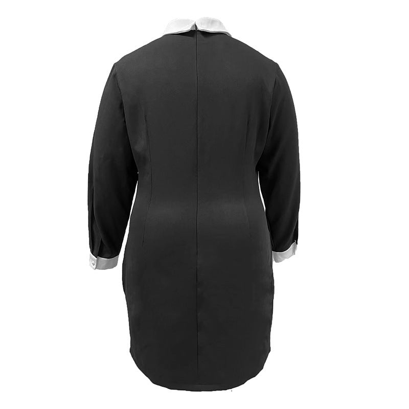 Elegant Lapel Long Sleeve Beaded Dress with Contrast Color Stitching