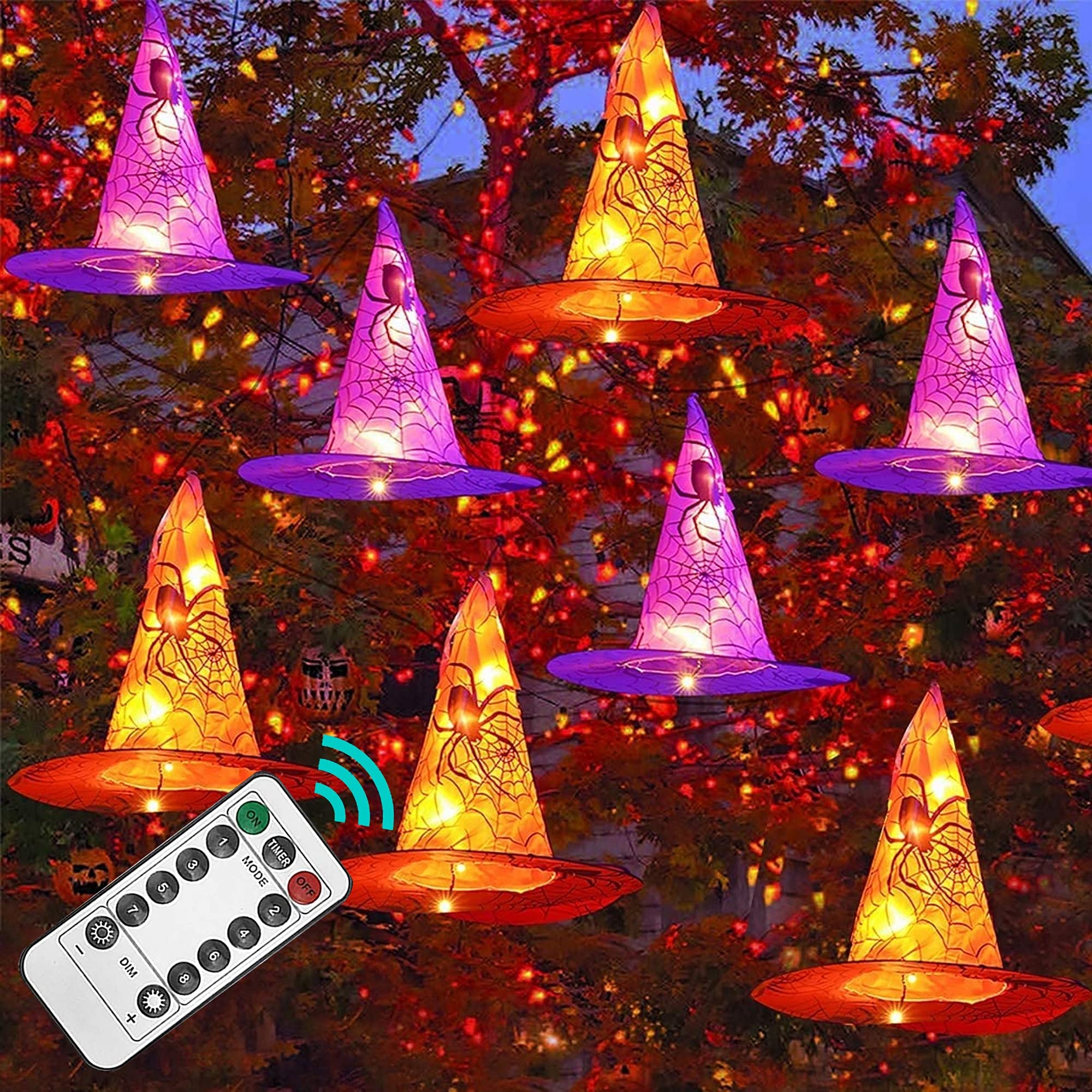 🔥Super Sale - 49% OFF🔥8 PCS Waterproof Hanging Witch Hat with String Lights with Remote