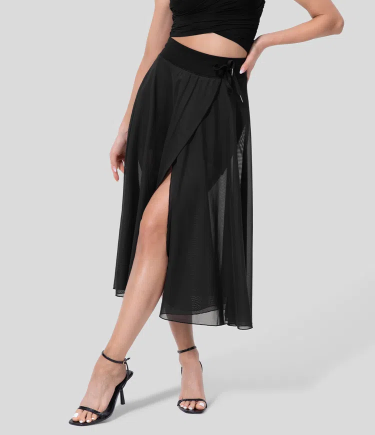 ON SALE🔥High Waisted Drawstring Contrast Mesh 2-in-1 Side Pocket Flowy Midi Flare Casual Skirt