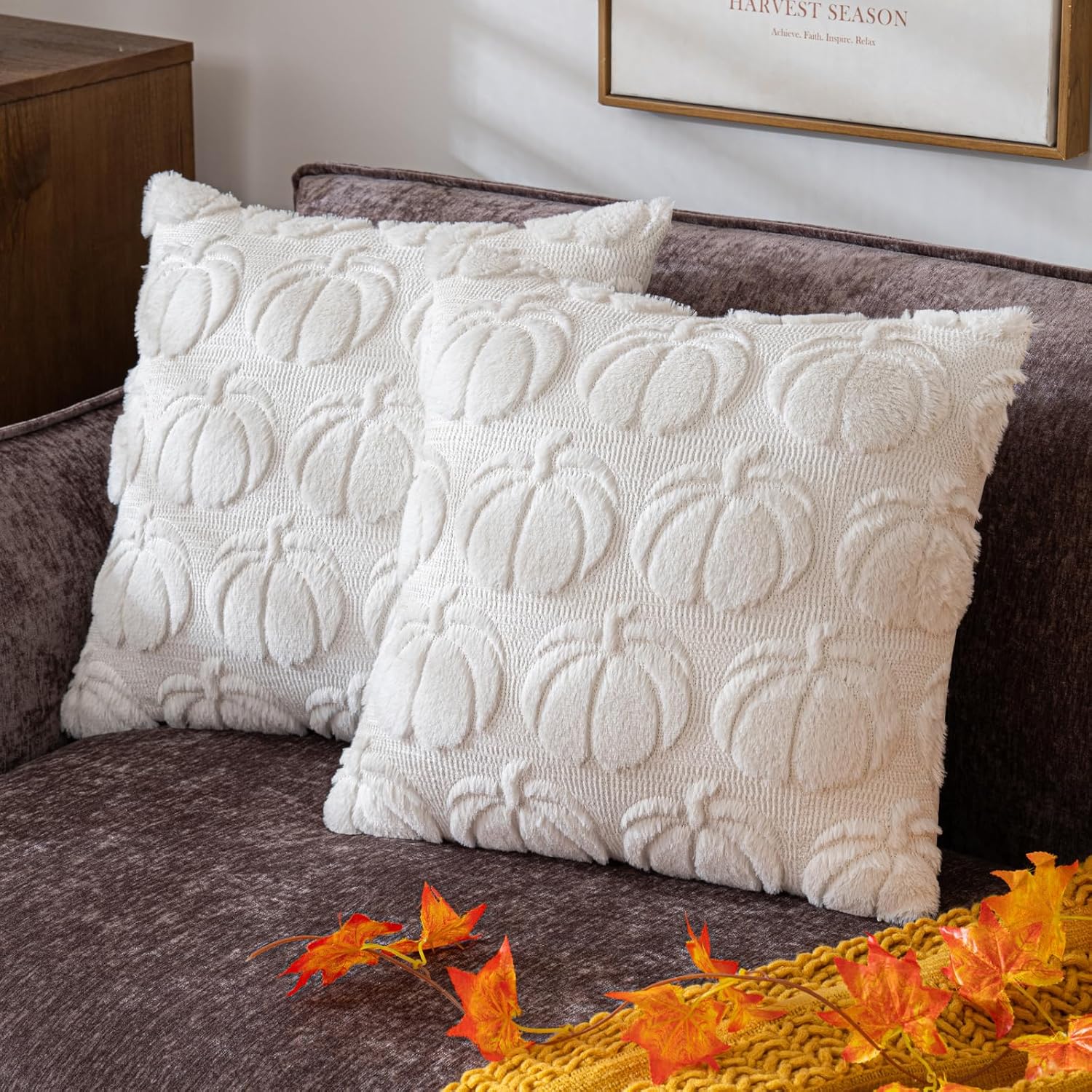 Pumpkin Fall Decorative Throw Pillow Covers, Fluffy Plush Accent Pillow Cases