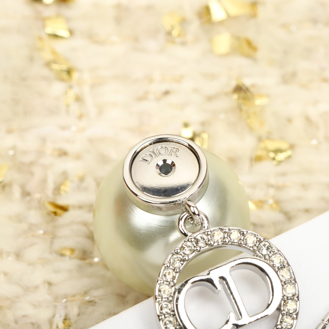 Dior Round Crystal CD Double Ball Pearl Earrings
