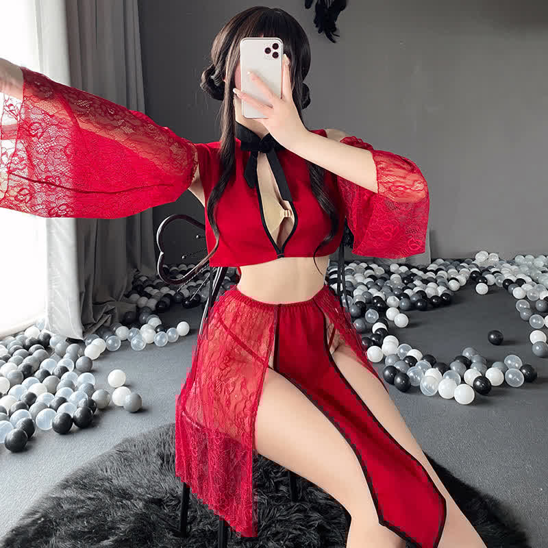 Vintage Han Costume Lace Hollow Out Cheongsam Lingerie