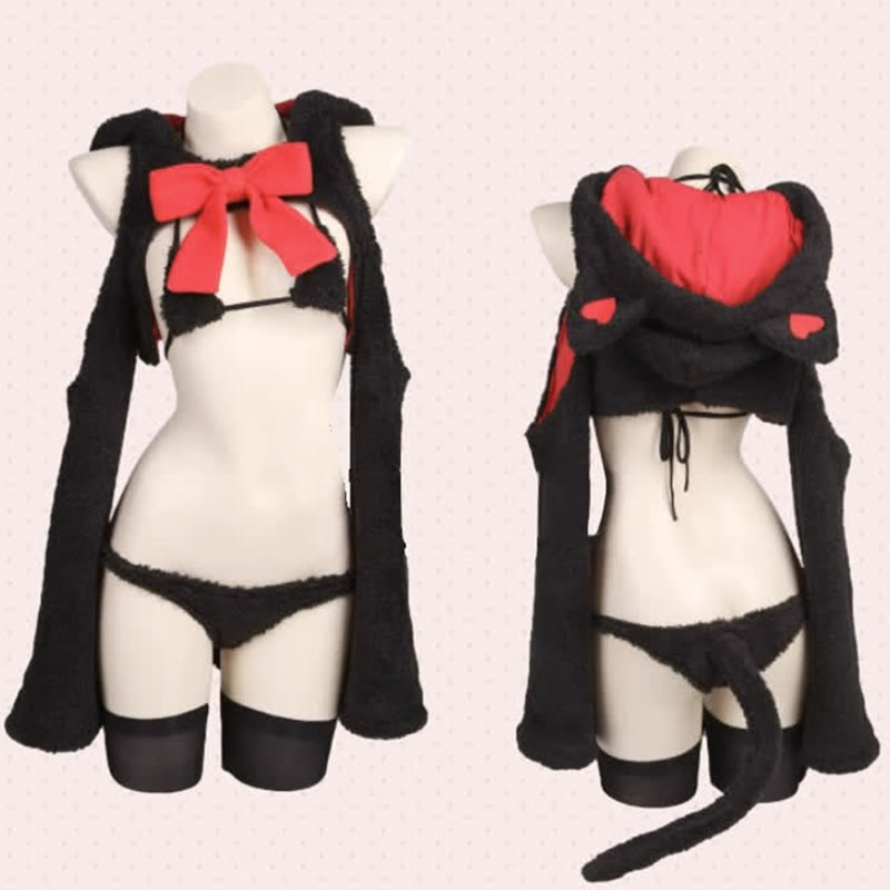 Cosplay Bowknot Hooded Plush Lingerie Set
