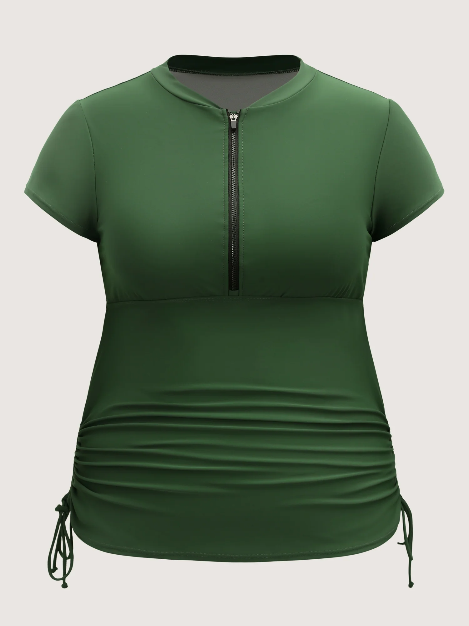 Zipper Drawstring Detail Solid Swim Top