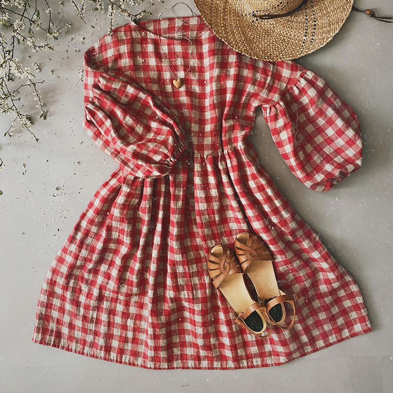 Casual Balloon Sleeve Check Crew Neck Midi Dress