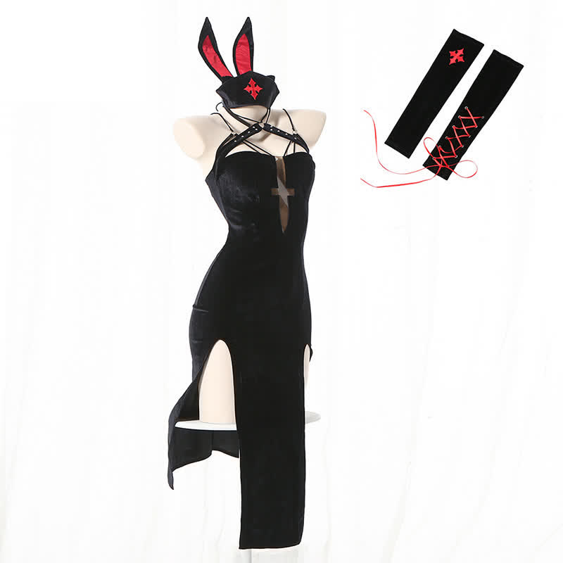 Cosplay Nurse Lace Up Bunny High Split Lingerie Dress