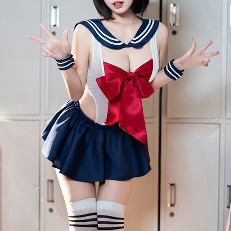 Cosplay Sailor Collar Hollow Out Bow Lingerie Set