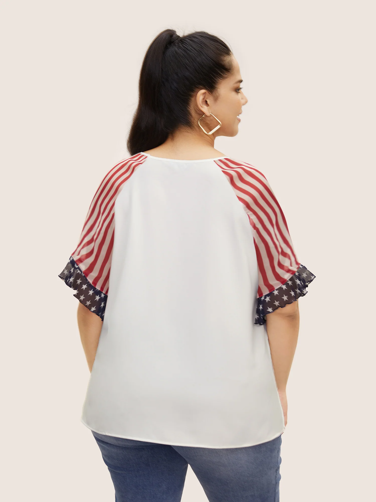 Star & Striped Ruffles Raglan Sleeve Blouse