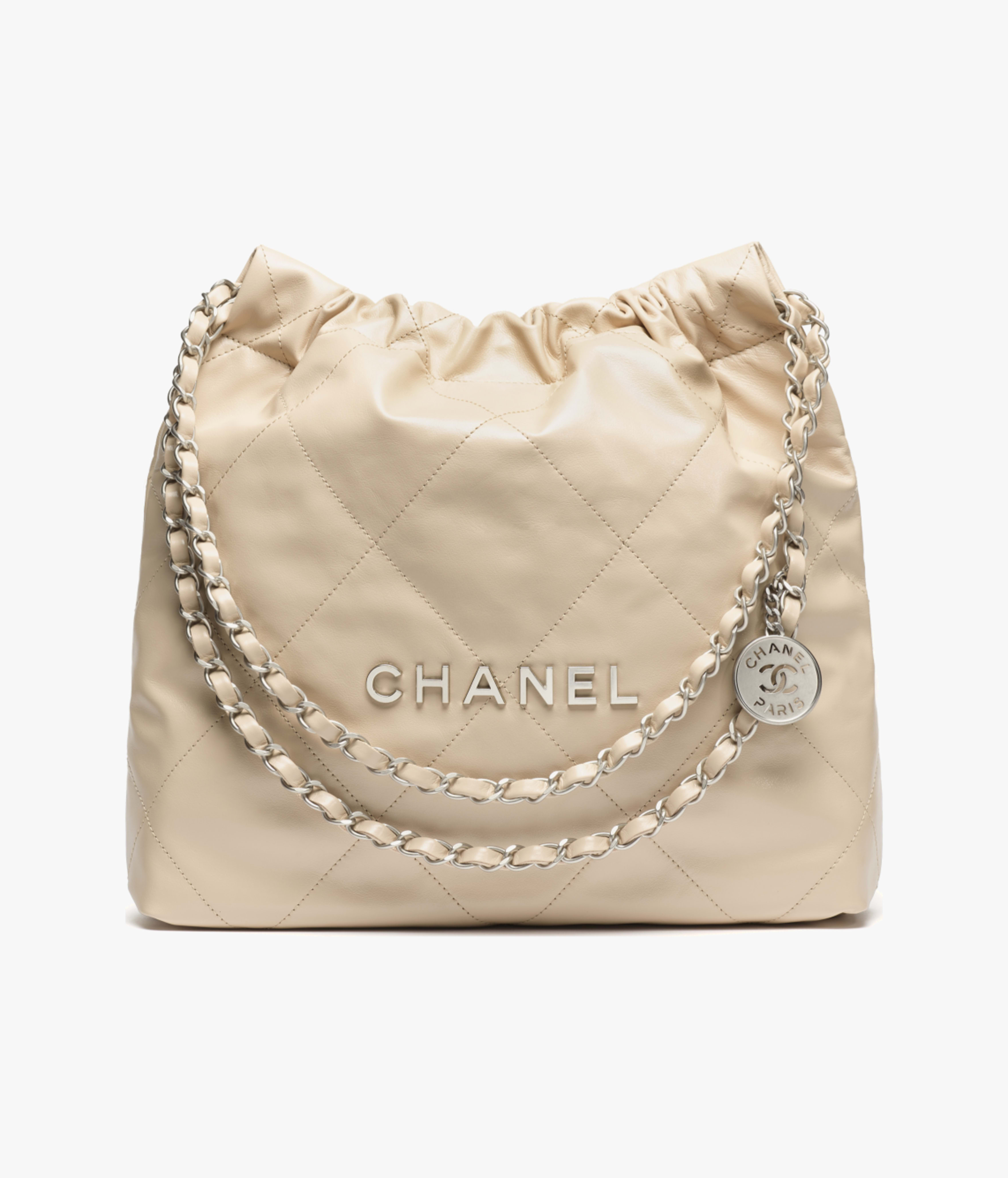 CHANEL 22 Small Handbag Shiny Calfskin & Silver-Tone Metal Beige AS3260-B19057-NADOH