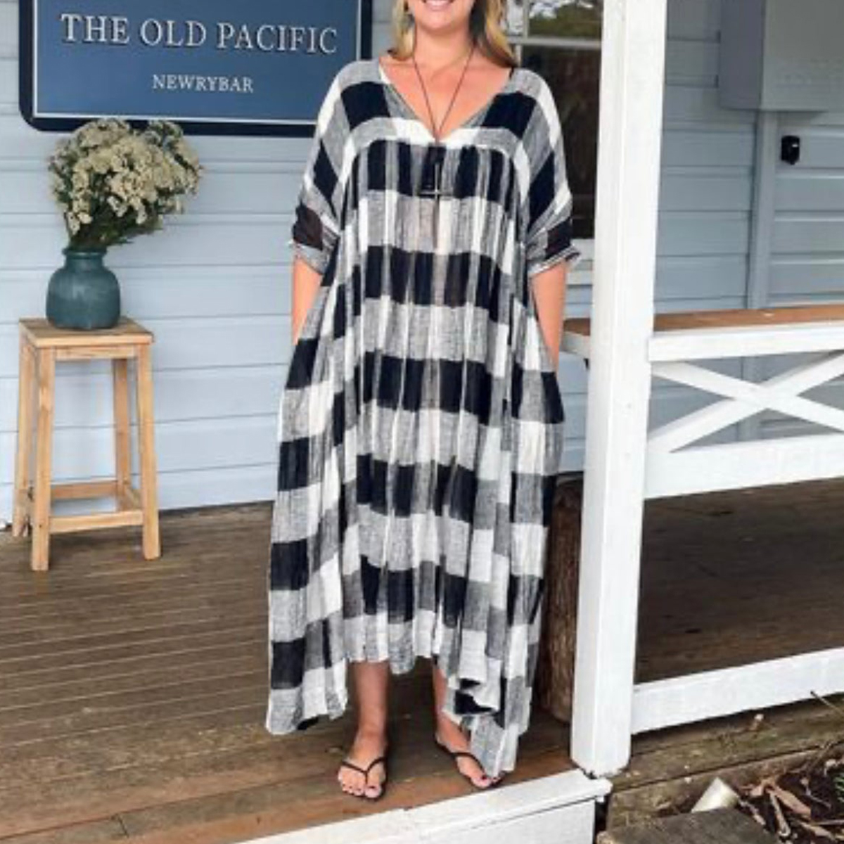 Plaid Comfortable Casual Loose V-Neck Maxi Dress