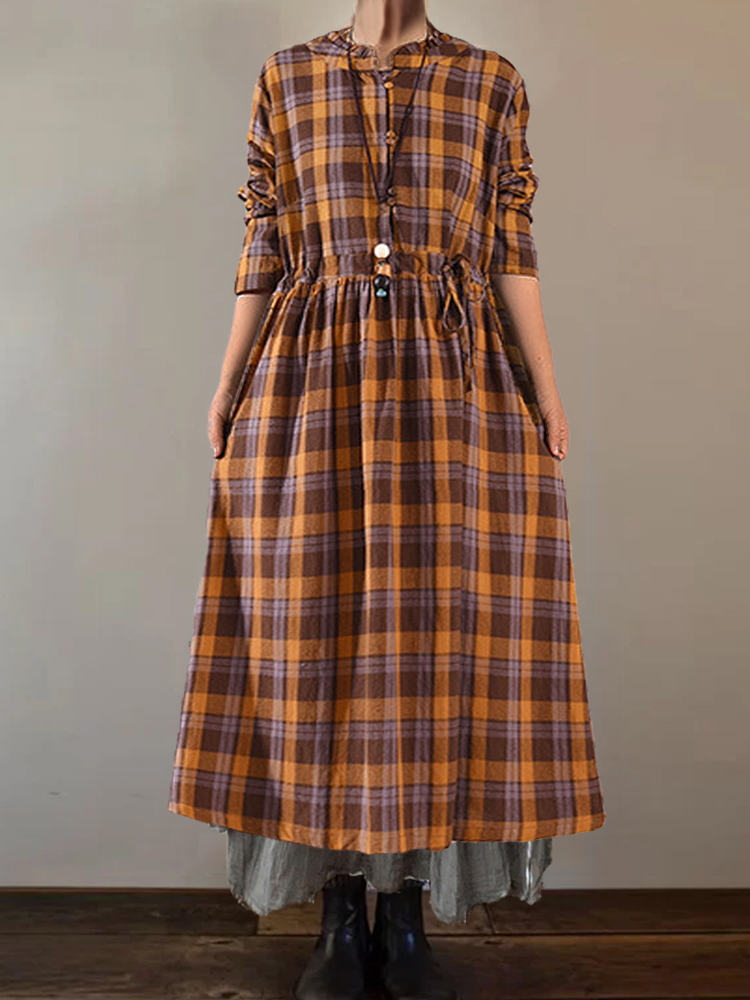 Vintage Plaid Ruffle Hem Drawstring Pleated Maxi Dress