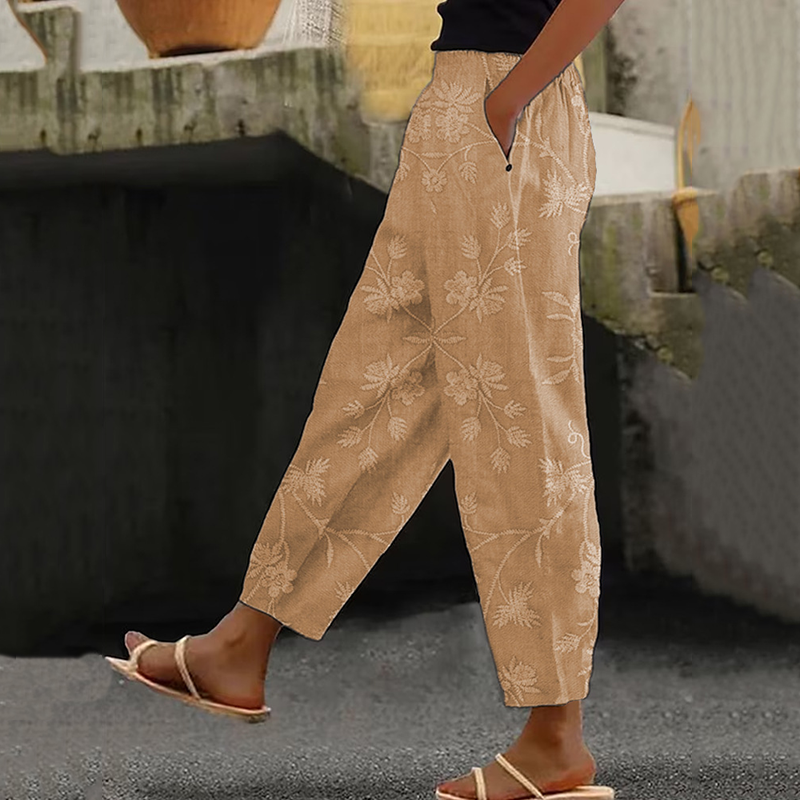 Women's Vintage Floral Art Linen Casual Pants