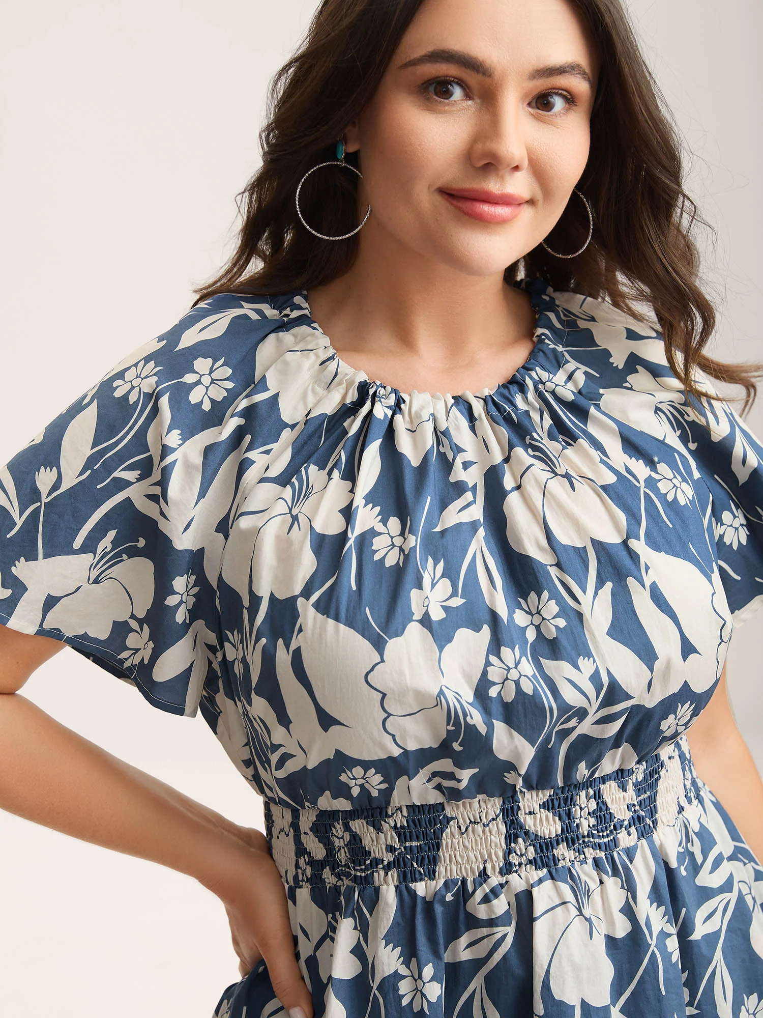 Cotton Silhouette Floral Print Shirred Waist Blouse