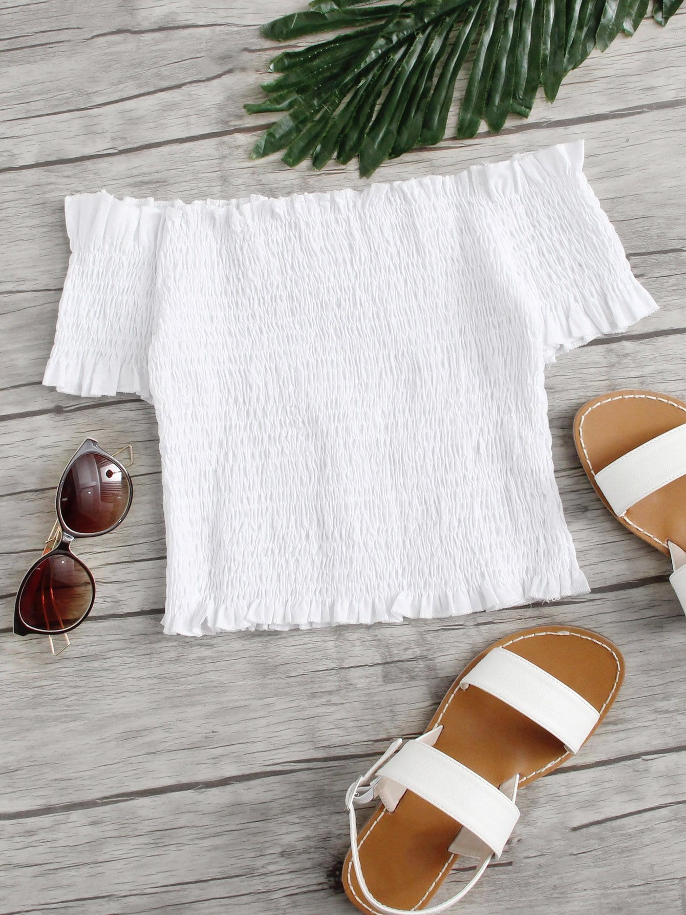 Frill Trim Shirred Off Shoulder Crop Top