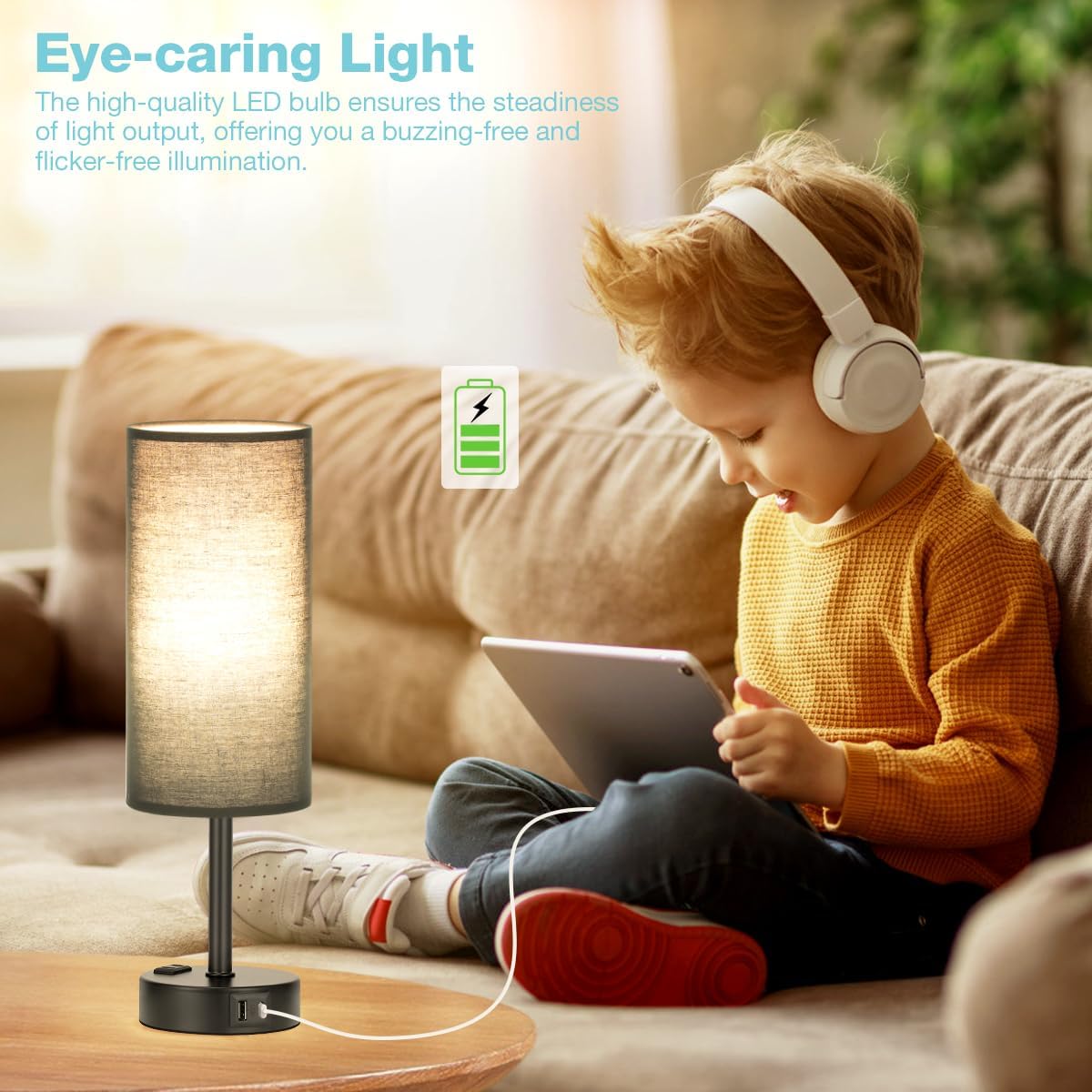 Bedside Table Lamp for Bedroom - 3 Way Dimmable Touch Lamp USB C Charging Ports and AC Outlet, Small Lamp Wood Base Round Flaxen Fabric Shade for Living Room, Desk, LED Bulb Included
