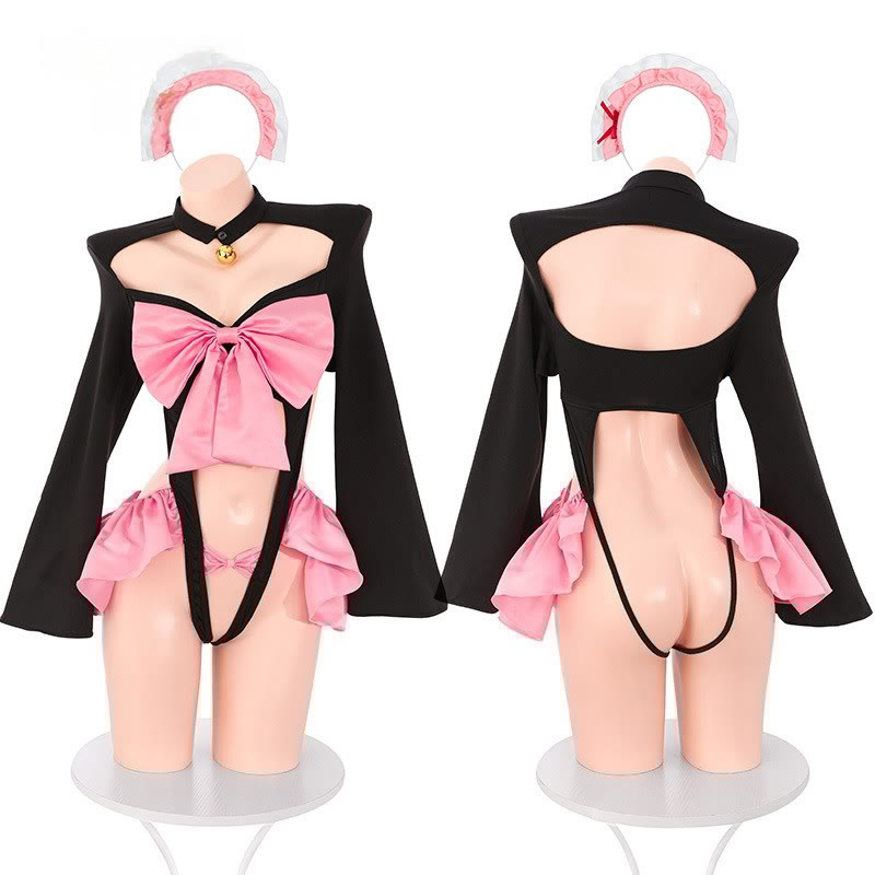 Maid Hollow Out Bow Jumpsuit Lingerie