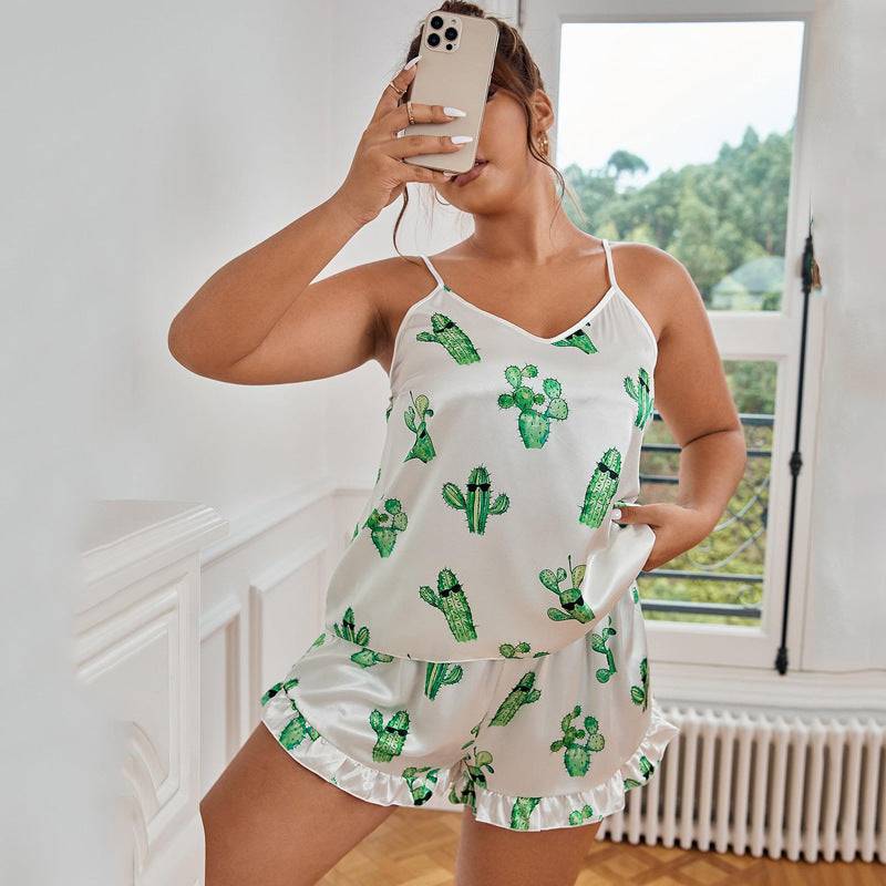 Plus Size Backless Strap Pajamas Women Simple Cactus Suspender Shorts Seit Casual Loose Home Wear