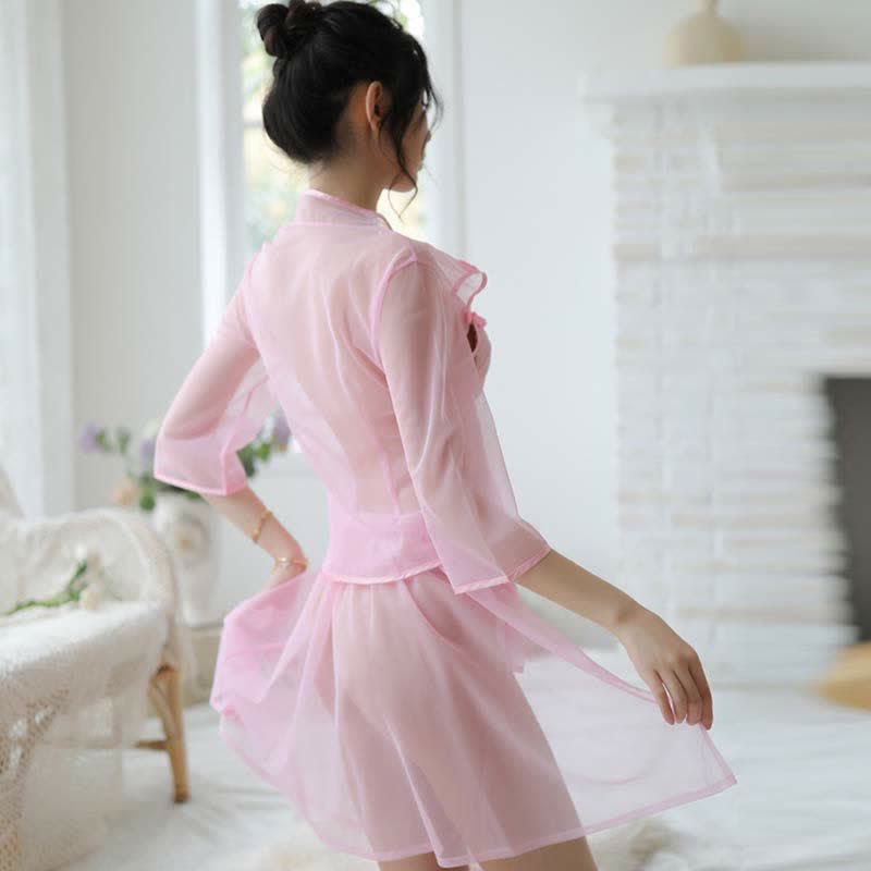 Vintage Floral Embroidery Transparent Mesh Hanfu Lingerie Set