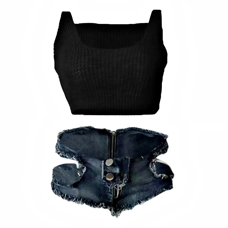 Sexy Hollow Out Top Denim Shorts Lingerie Set