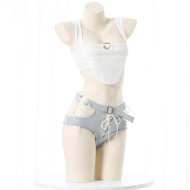 Pure Color Tank Top Hollow Out Denim Shorts Lingerie Set
