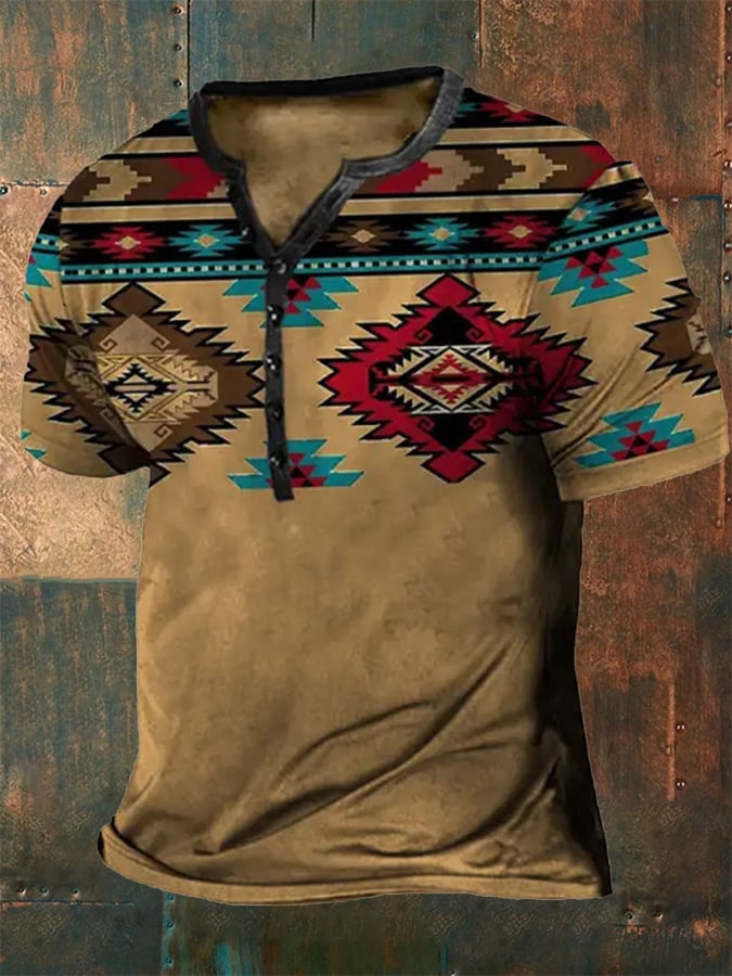 Men's Casual Button Neck Print Short Sleeve T-Shirt