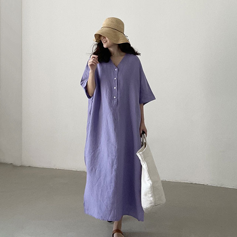 Button Down V Neck Comfy Maxi Dress