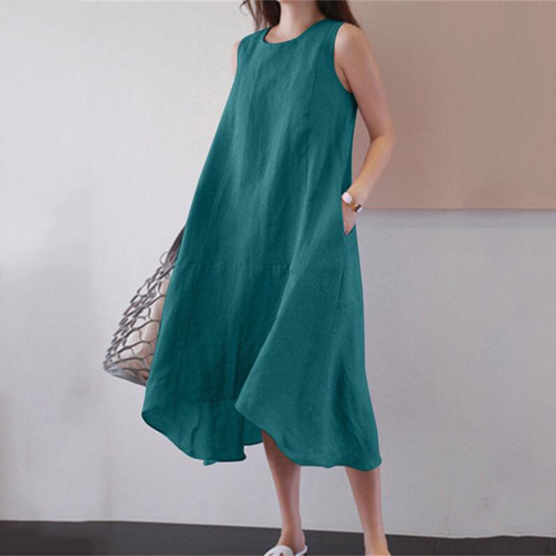 Solid Color Round Neck Tank Midi Dress