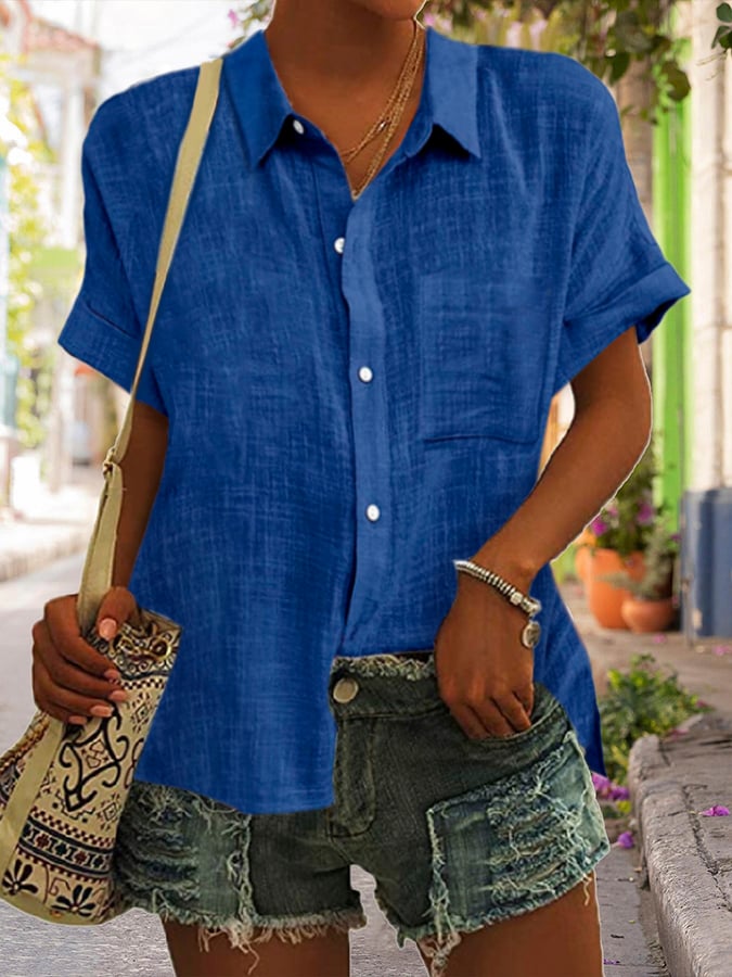 Solid Color Pocket Cotton And Linen Shirt