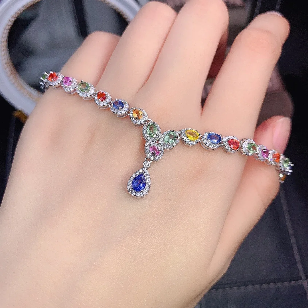 925 Sterling silver natural color sapphire necklace Jewelry Fire color good beauty women's luxury jewelry certified boutique
