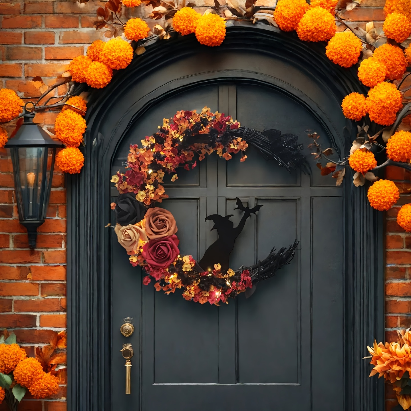💥ON SALE💥-🌙 Witch Cat Moon Wreath  with Autumn Leaves & Roses 🐈‍⬛🍂🌹