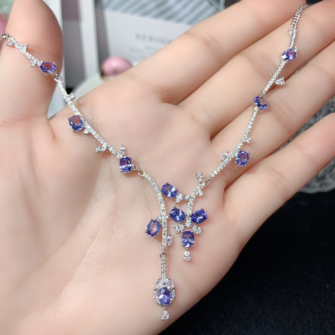 925 Silver Personality Natural Tanzanite Necklace Chain Row Jewelry Pure Beauty women's luxury jewelry certified boutique