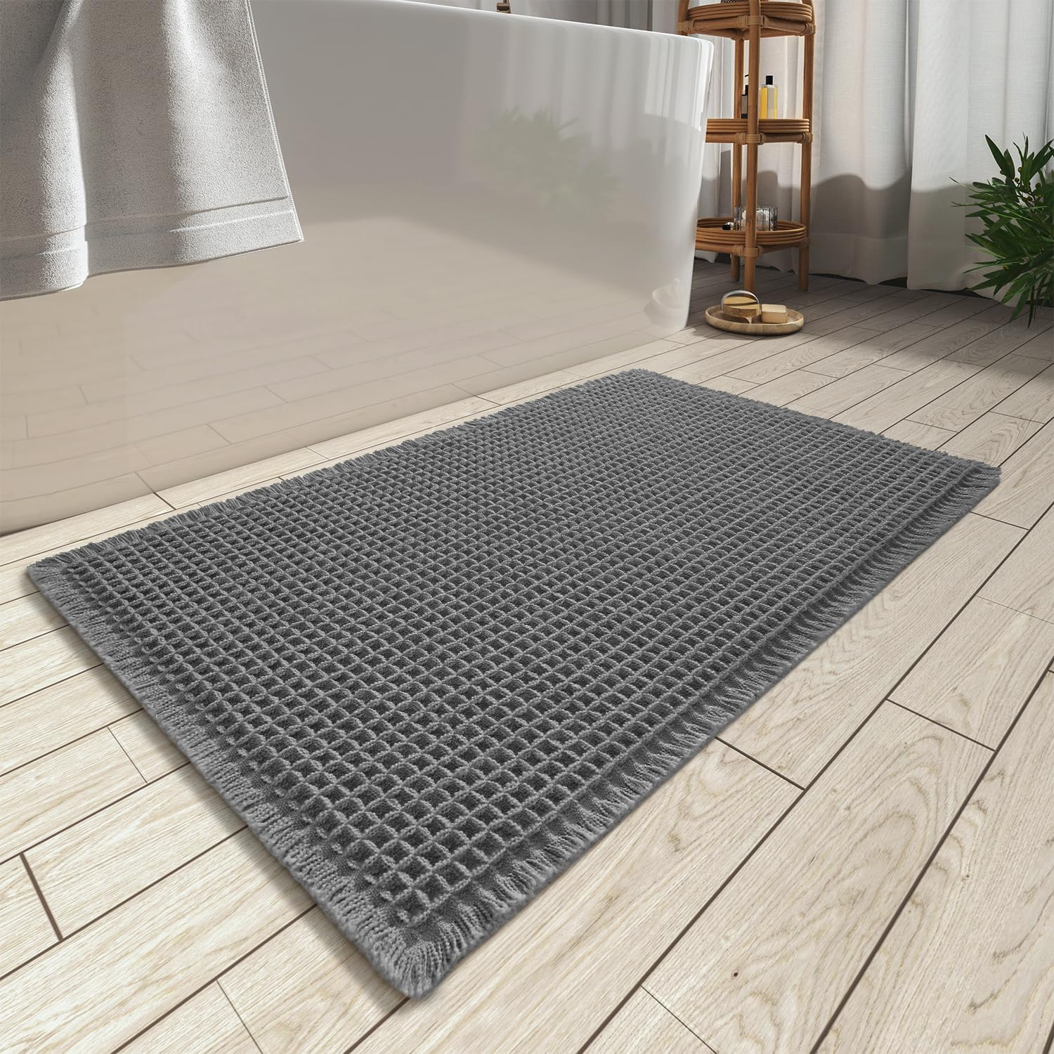 Upgraded Waffle Bath Mat, Machine Washable Bathroom Rugs with Tassels, Rubber Backed Bathroom Mats, Ultra Soft