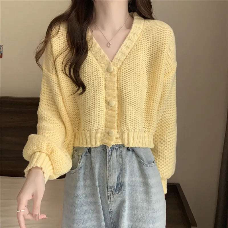 Button-Up V-Neck Knit Cardigan
