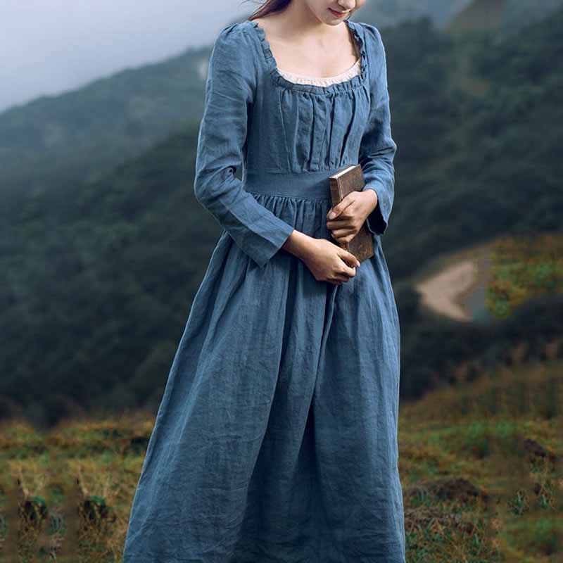 Vintage Ruffle Trim Pleated Maxi Dress