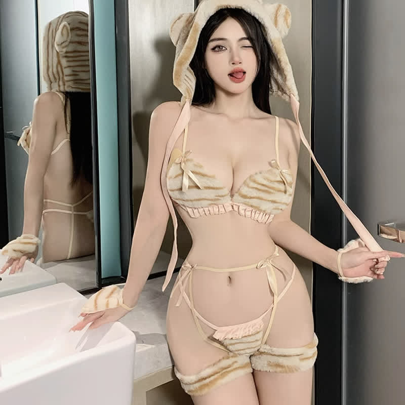 Sexy Leopard Print Lace Up Bikini Lingerie Set