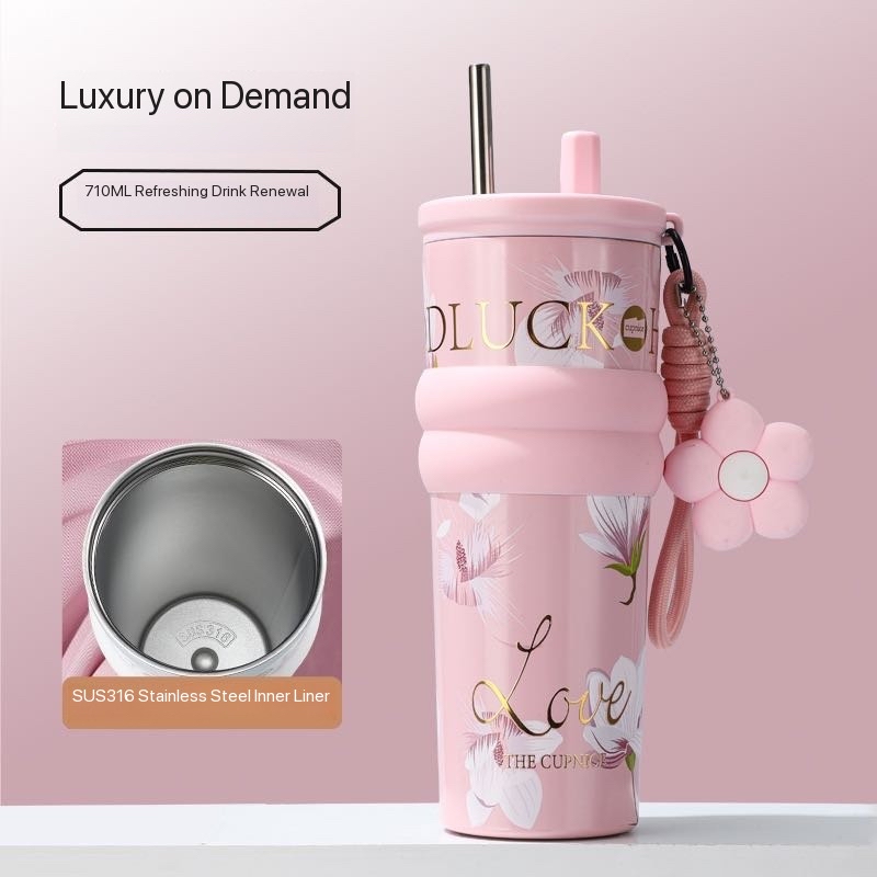 Floral pattern insulated water bottle, large capacity, stainless steel straw cup, perfect for use in the car or office.