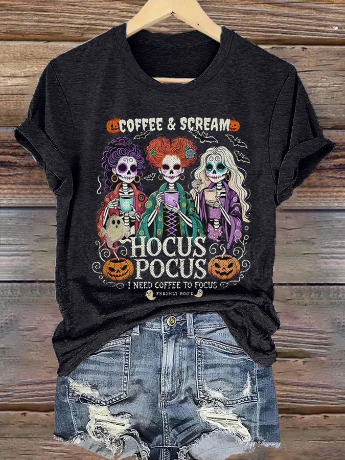 🔥Buy 3 Get 10% Off🔥Women's Casual I Need Coffee to Focus Halloween Print Short Sleeve T-Shirt