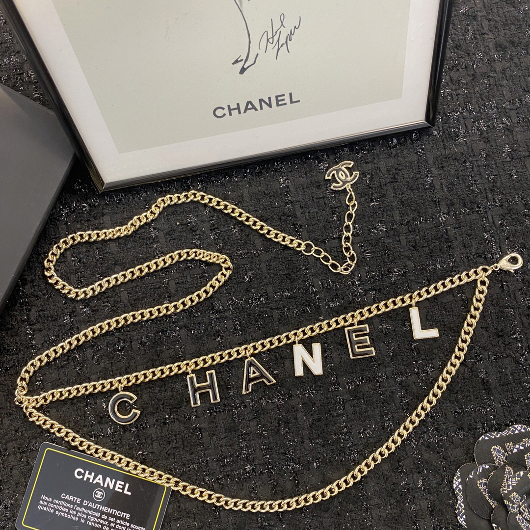 CHANEL black and white enamel letter metal waist chain