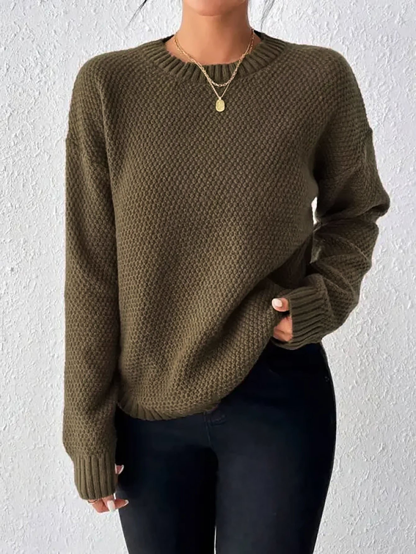 Women'S Round Neck Casual Solid Color Knitted Sweater