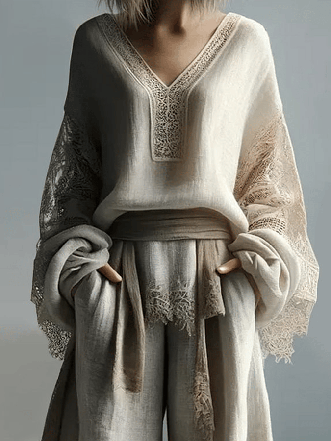Women's V-Neck Long-Sleeved Lace Patchwork Cotton And Linen Shirt
