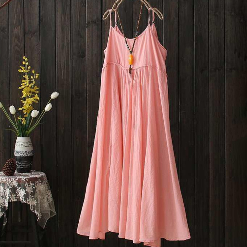 Cotton Linen Casual Sling Midi Dresses